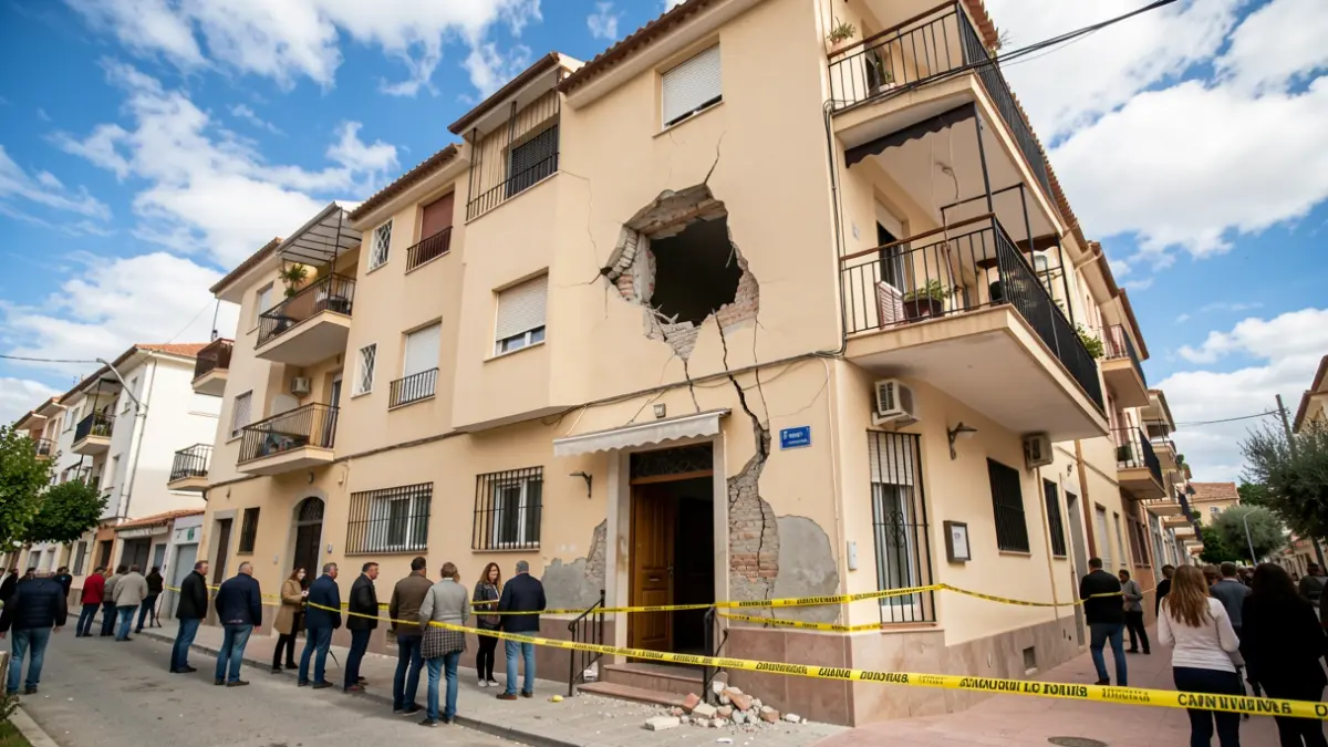 Residential building in Armilla with earthquake damage and caution tape.