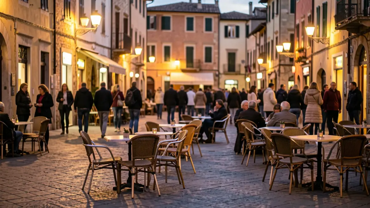 Generic image of a Mediterranean town square at dusk with street furniture.