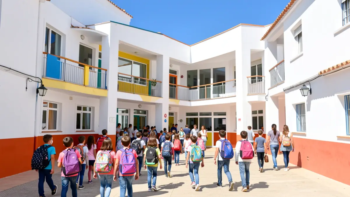 Imagen de niños y niñas entrando a un colegio en Vícar en el primer día de curso.