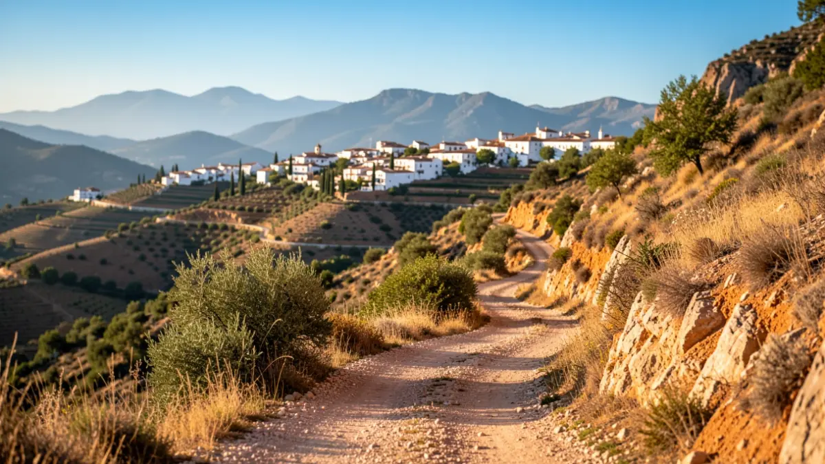 Scenic trail in the Alpujarra of Granada with white villages and blue sky.
