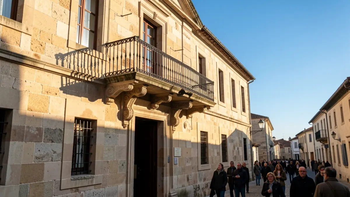 Fachada de un ayuntamiento andaluz con balcón y barandillas de hierro, luz de sol de la tarde.