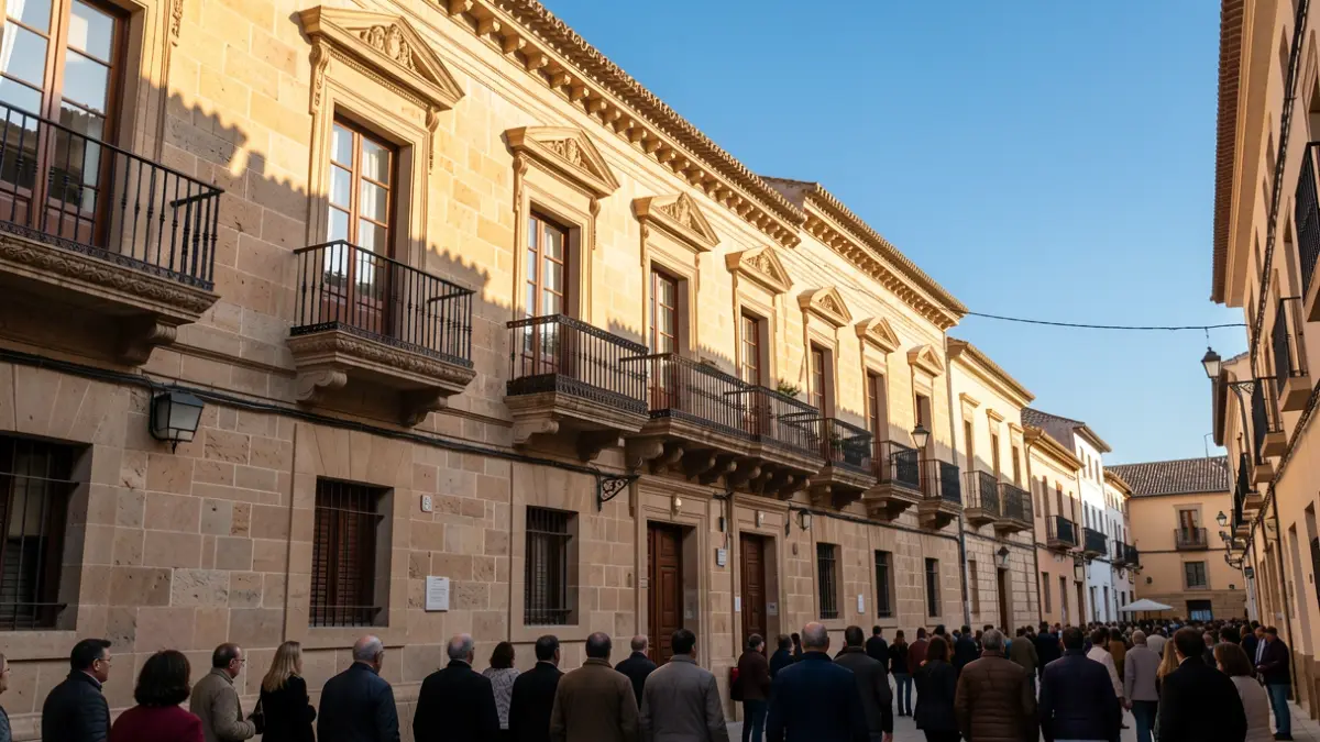 Facade of a traditional Andalusian town hall with a balcony and iron railings, warm afternoon light.