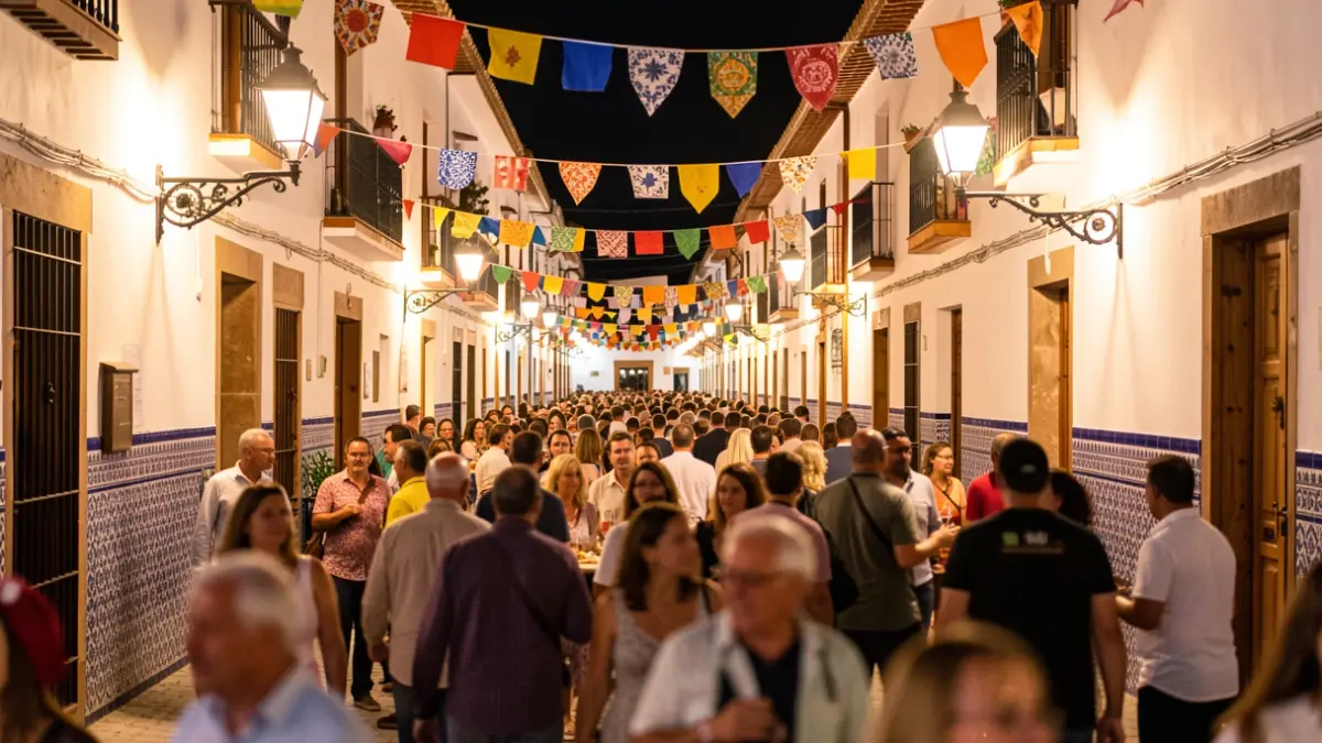 Imagen genérica de una fiesta patronal en un pueblo andaluz por la noche, con luces y gente.