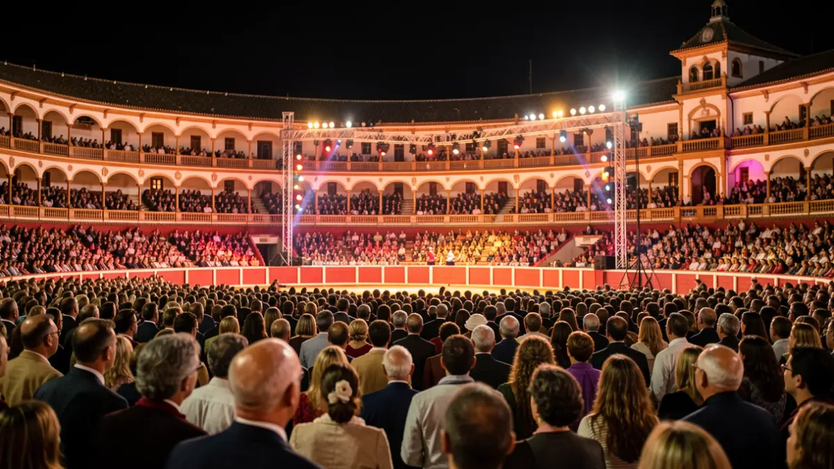 Generic image of a flamenco festival in an Andalusian bullring at night.