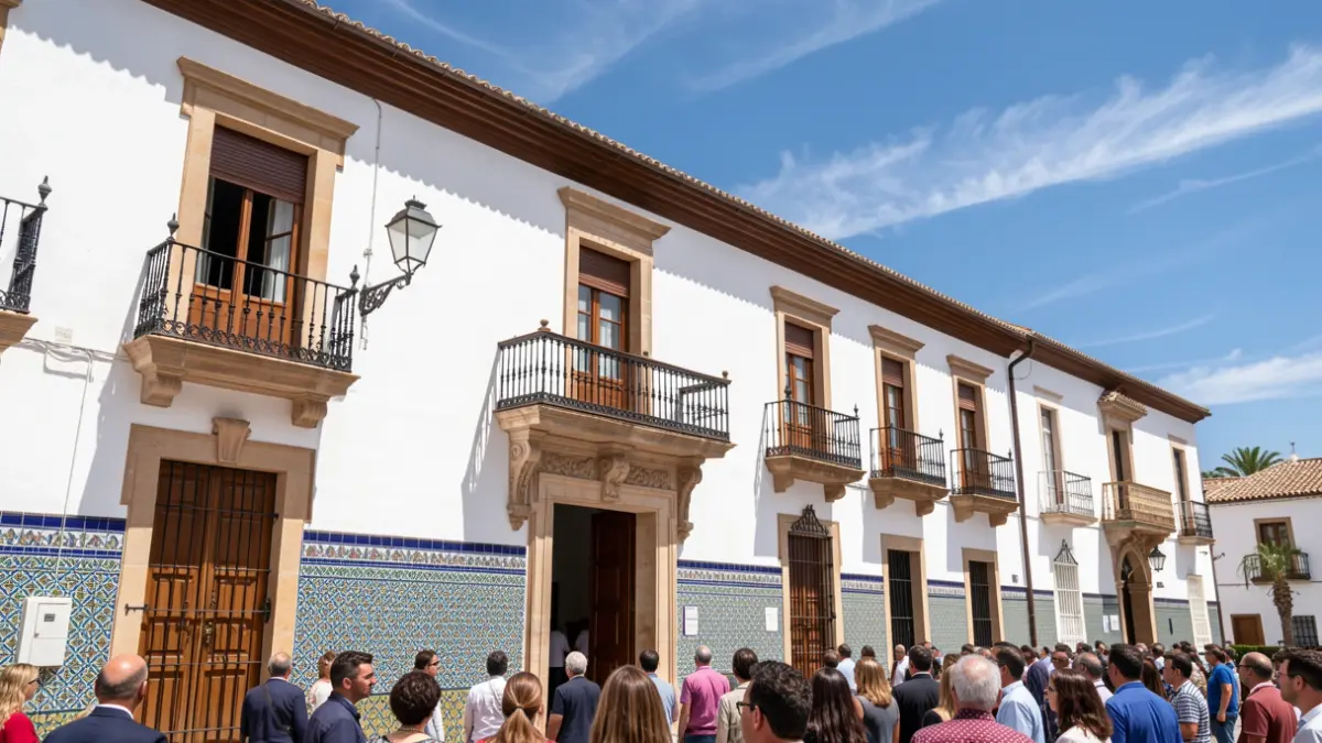 Fachada de un ayuntamiento andaluz con balcón y azulejos bajo el sol.