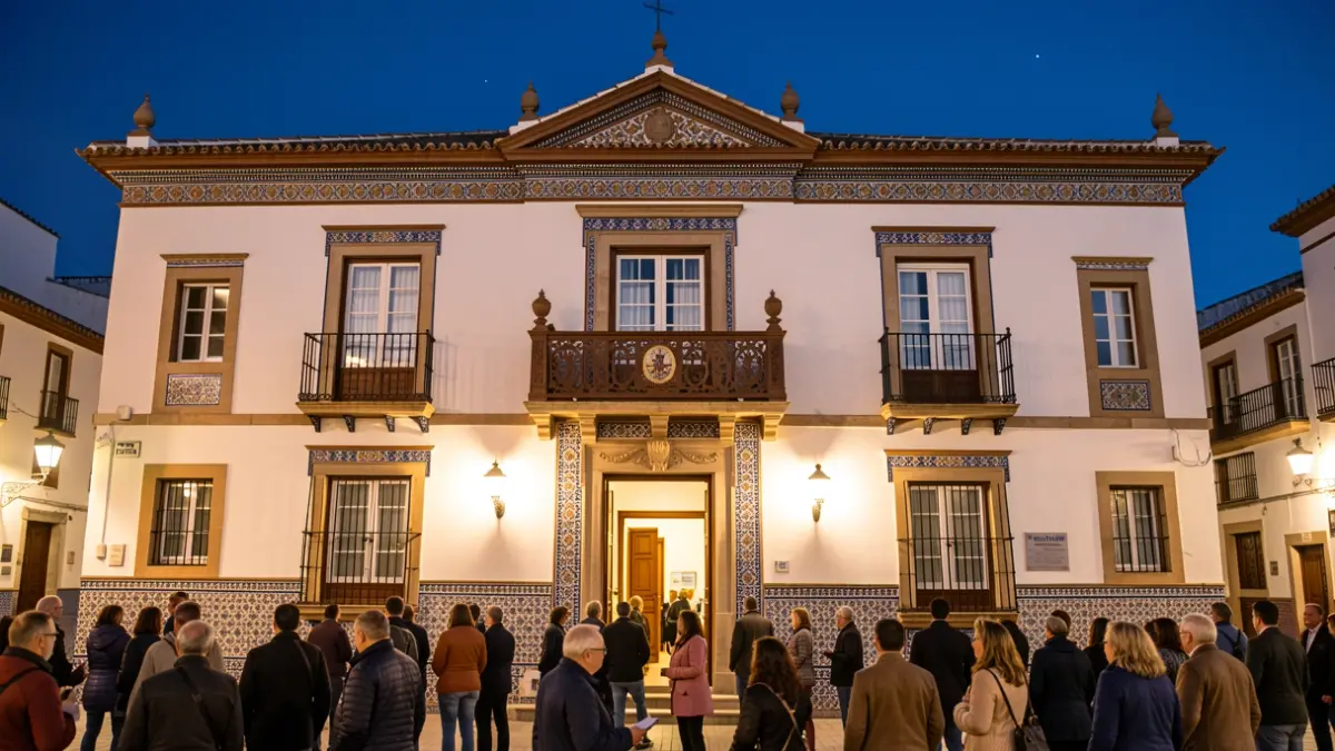 Fachada del Ayuntamiento de Villa del Río iluminada por la noche.