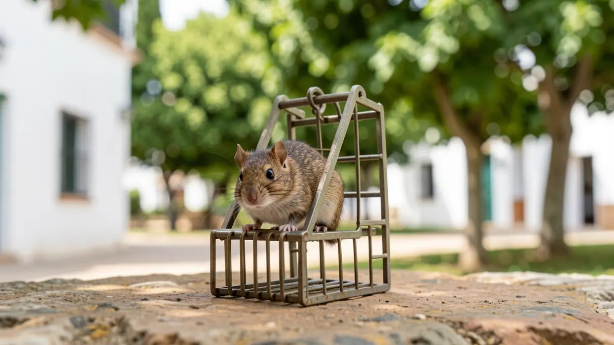 Imagen de una trampa para roedores o insectos en un parque público de Andalucía.