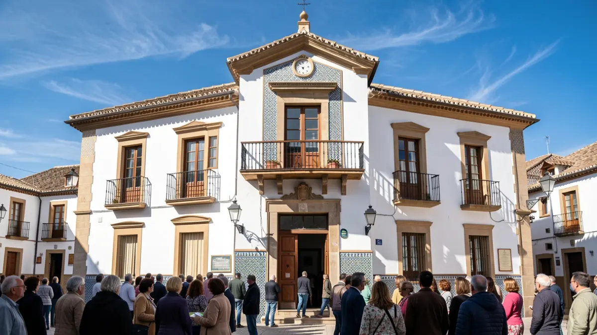 Fachada de un ayuntamiento andaluz con balcón bajo el sol.