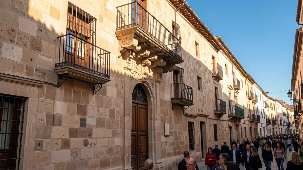 Fachada de un ayuntamiento andaluz adornada con colgaduras tradicionales.