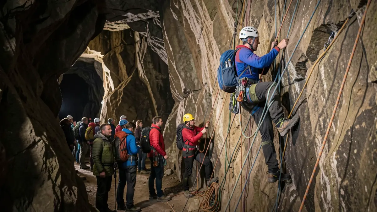 Imagen de aspirantes realizando pruebas de acceso a Técnico Deportivo en Espeleología en un entorno natural.