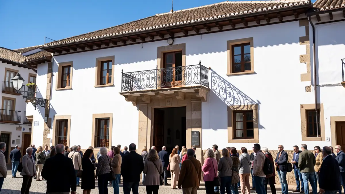 Facade of an Andalusian town hall with an iron balcony and intense sunlight.
