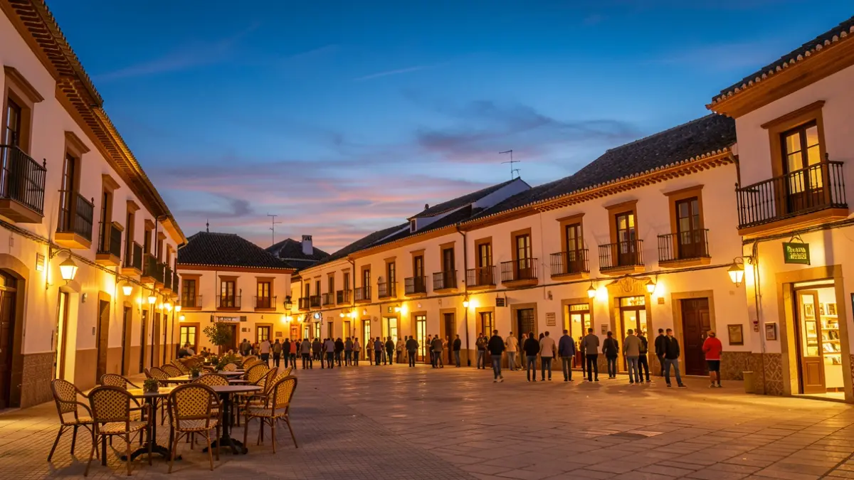 Plaza de un pueblo andaluz al atardecer con luces cálidas y arquitectura tradicional.