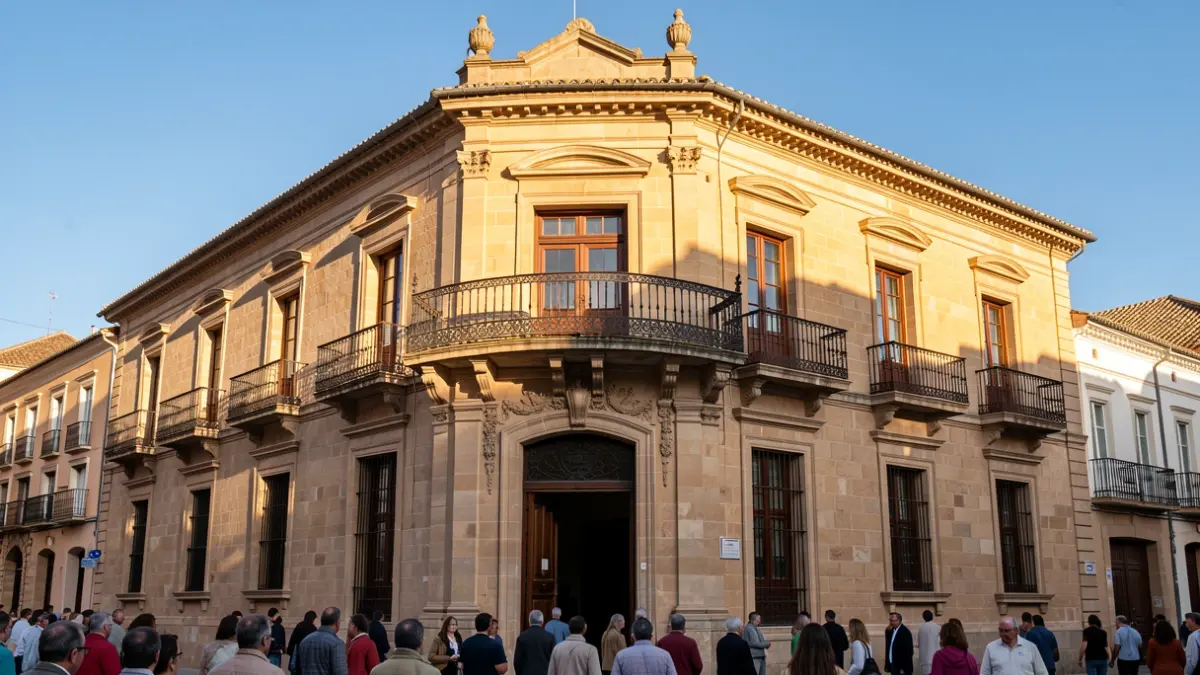 Facade of the Villanueva del Arzobispo Town Hall with a balcony and iron railings, under the afternoon sunlight.