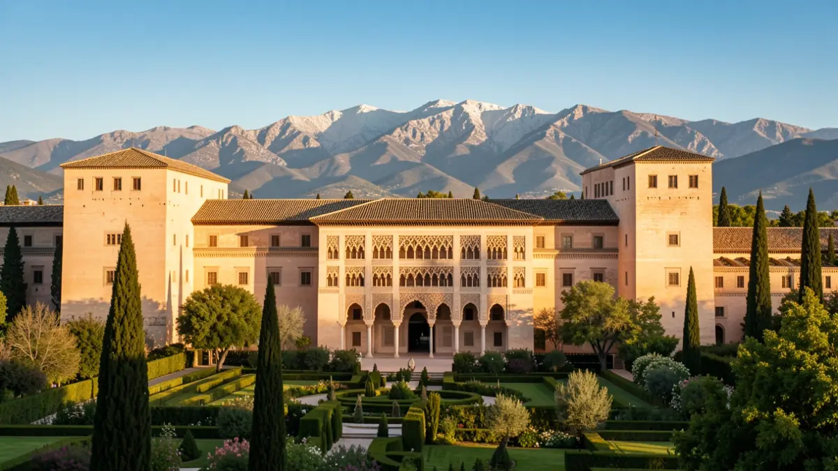 Facade of the Alhambra in Granada with gardens and mountains in the background.