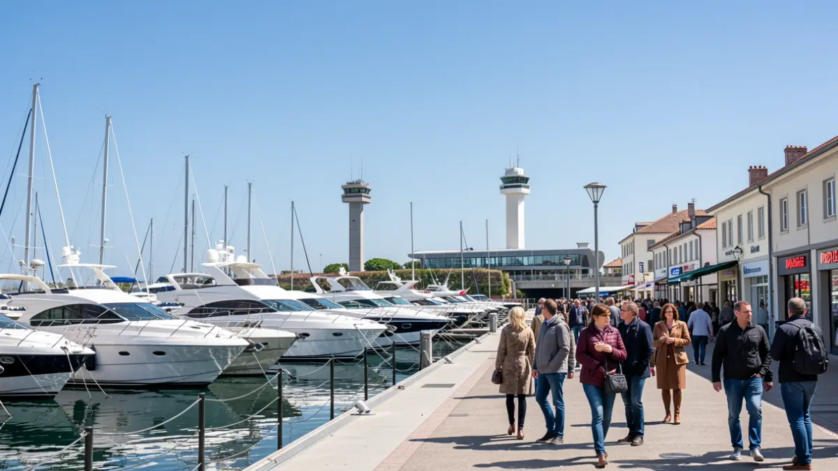 Generic image of a marina with yachts and a control tower.