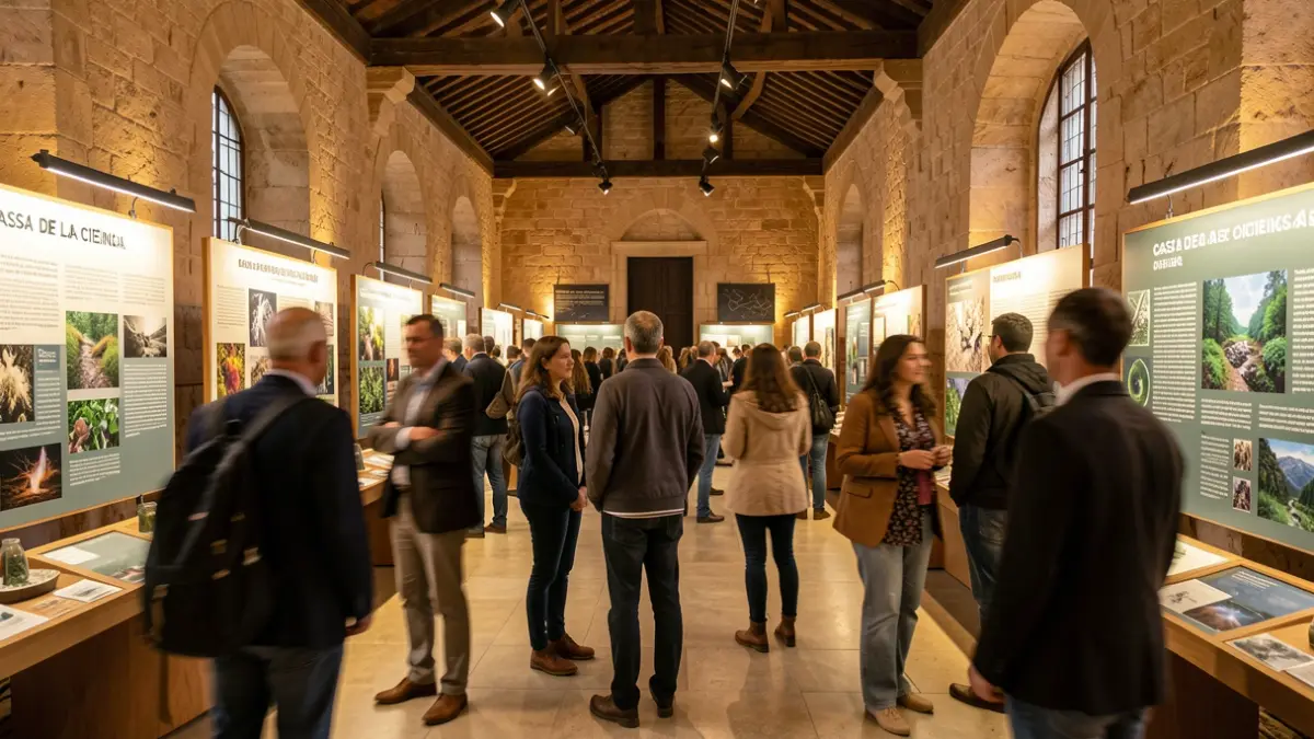 Generic image of a guided tour in a science center with exhibits on nature and climate.