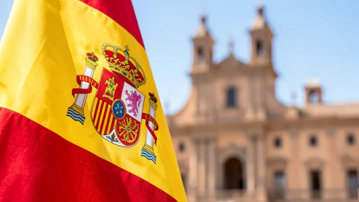 Detalle de la bandera de España con el escudo, y al fondo la fachada de un ayuntamiento andaluz.