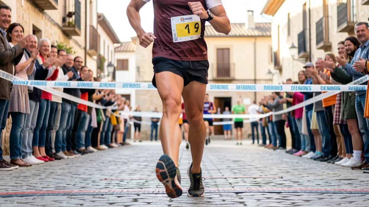 Imagen de los pies de un corredor cruzando la meta en una carrera popular en Peñarroya-Pueblonuevo.