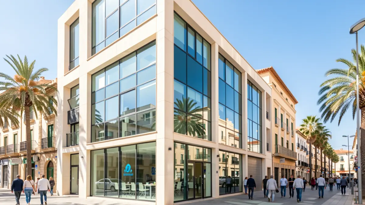 Fachada de una moderna sede de consultora de innovación en Málaga.