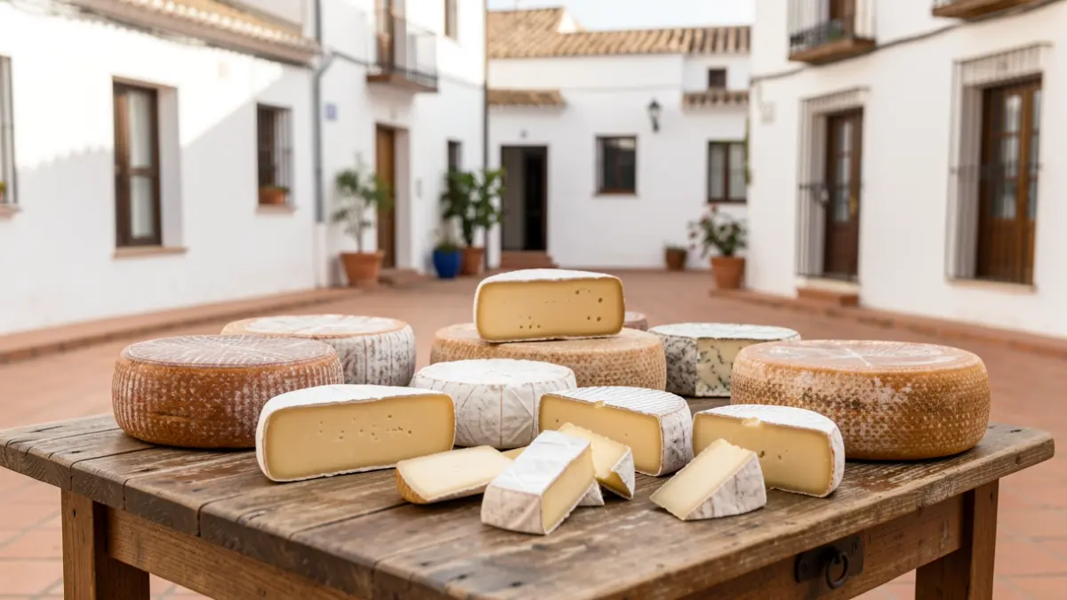 Image of a table with artisanal cheeses in an Andalusian setting.