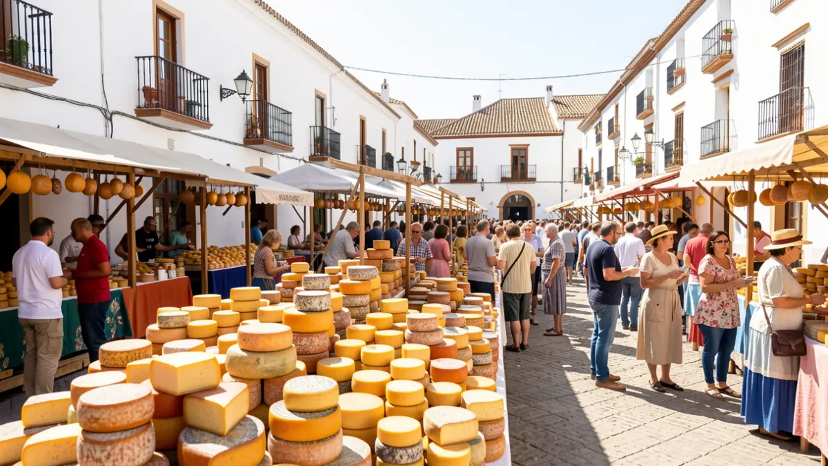 Image of the Villa de Zuheros Cheese Fair with cheese stalls and people.