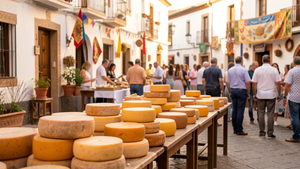 Imagen de la Fiesta del Queso en Zuheros, con quesos artesanales y ambiente festivo.