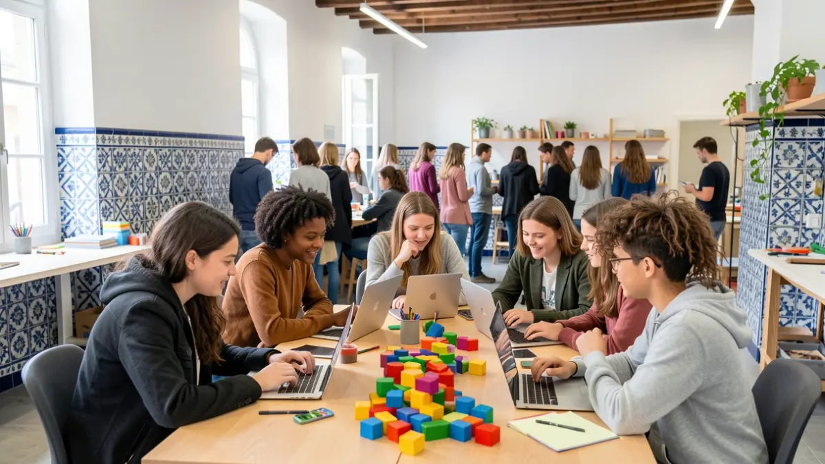 Jóvenes estudiantes trabajando en proyectos tecnológicos en un taller.