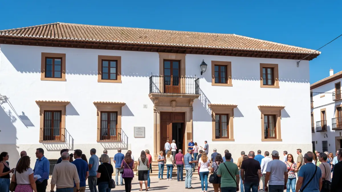 Facade of an Andalusian town hall with white walls and traditional roof, under the bright midday sun.