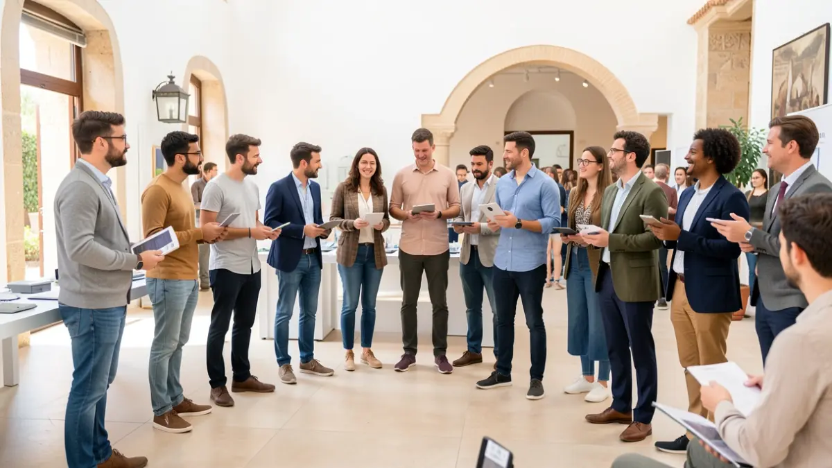 Generic image of a diverse group of young entrepreneurs presenting their innovative projects to a specialized jury at an event in Andalucía.