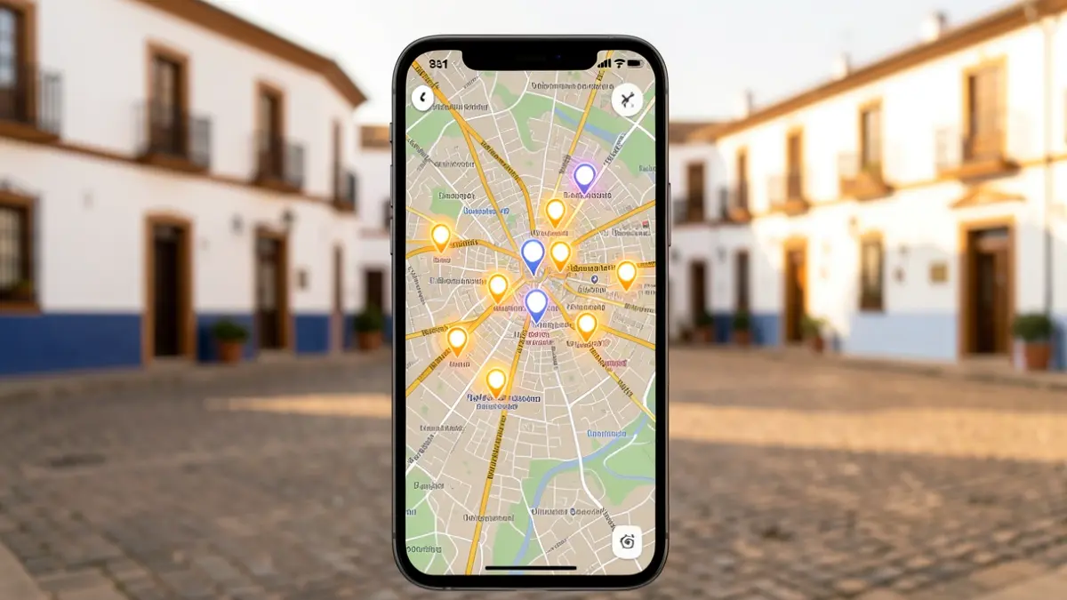 Smartphone screen showing a digital map with clues against a backdrop of an Andalusian town square at sunset.