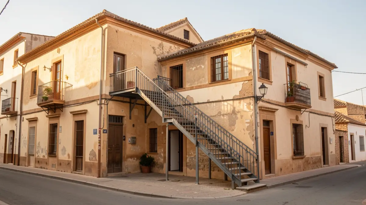 Generic image of an old municipal building facade with external stairs and sunlight.