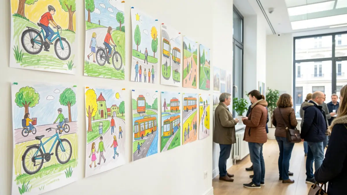 Imagen genérica de dibujos infantiles sobre movilidad sostenible expuestos en una pared.