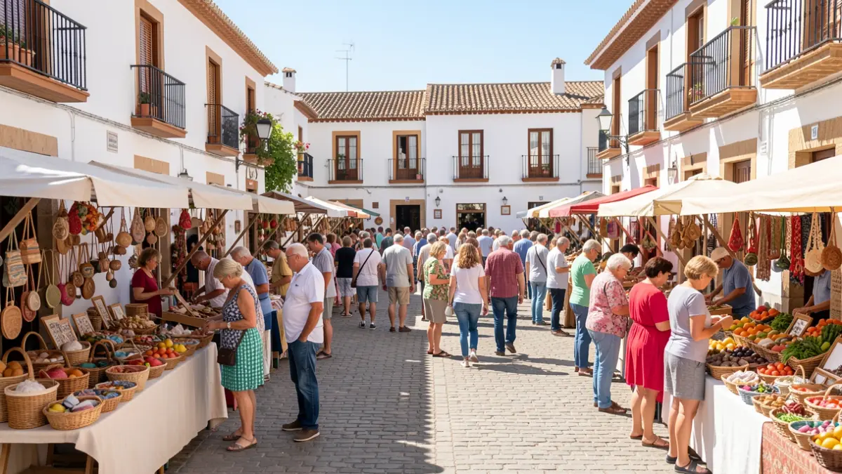 Generic image of a craft market in an Andalusian square with stalls and people