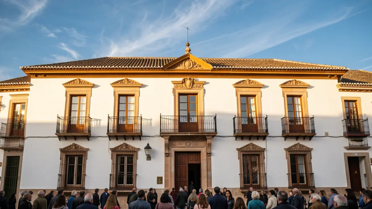 Generic image of the facade of a traditional Andalusian town hall in the afternoon light.