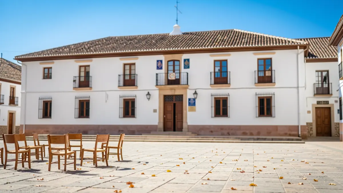 Facade of an Andalusian town hall with a square and chairs.