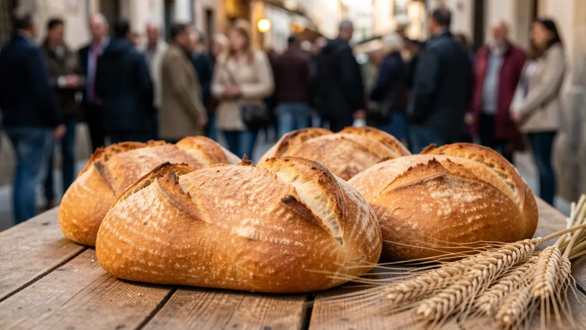 Close-up of traditional Alfacar bread loaves on a rustic wooden surface, with wheat stalks.