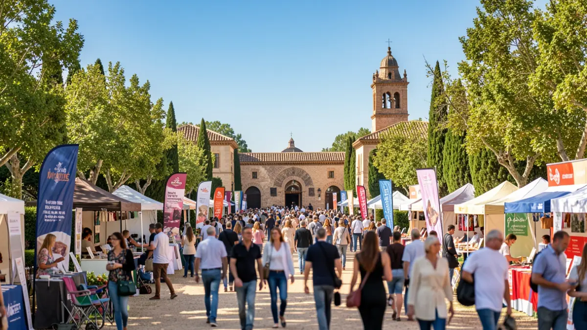 Generic image of an outdoor fair space with stands and public, in an Andalusian park setting.