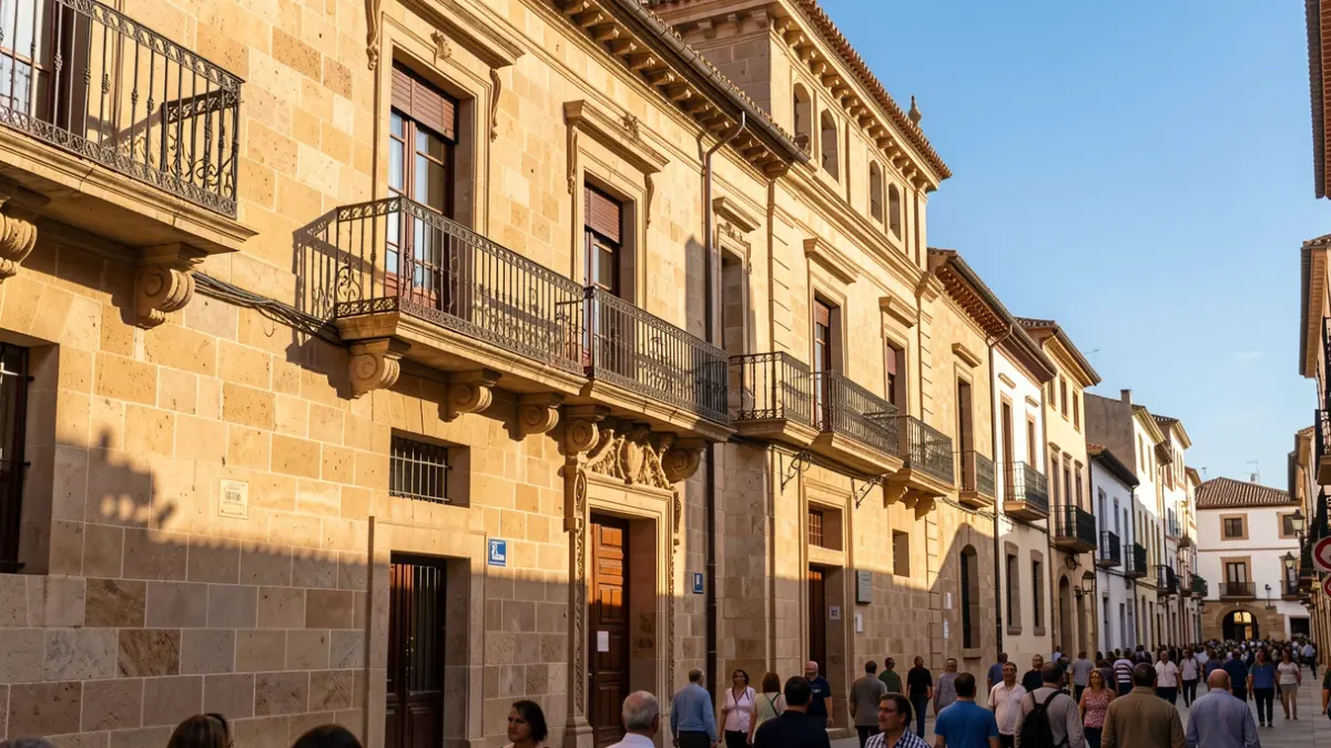 Generic image of an Andalusian town hall facade with a balcony and iron railings, afternoon light, and blue sky.