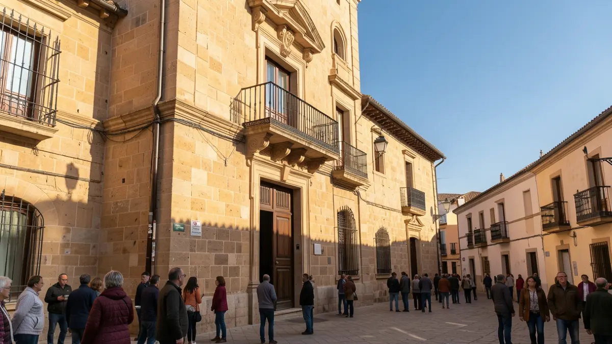 Generic image of the facade of an Andalusian town hall with an ornate balcony and iron railings, warm afternoon sunlight casting shadows on the sandstone walls, blue sky.