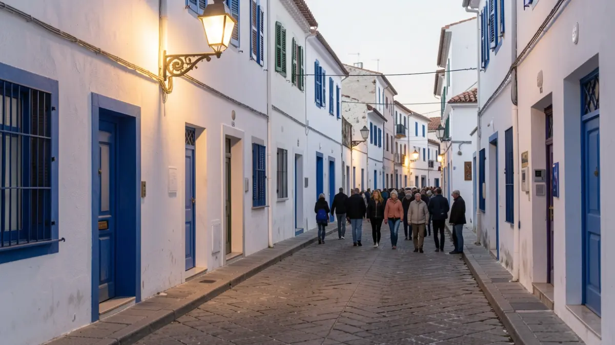 Imagen genérica de una calle de un pueblo mediterráneo con edificios blancos y detalles azules, una farola proyectando luz cálida sobre el pavimento.