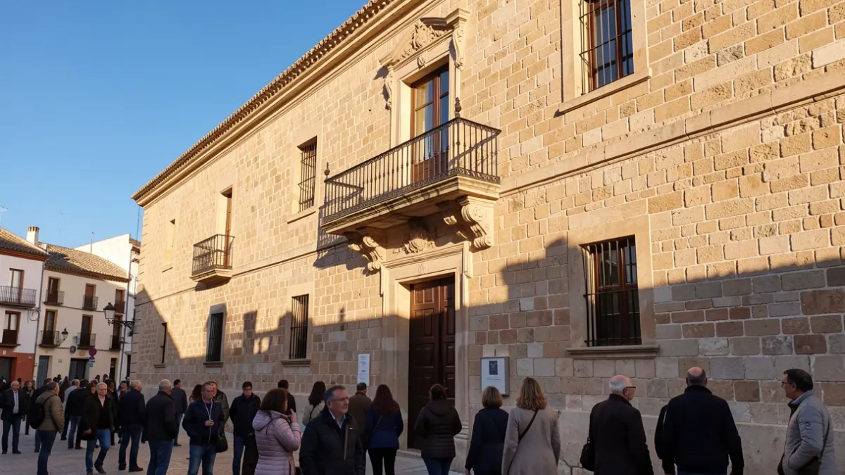 Imagen genérica de la fachada de un ayuntamiento andaluz con balcón y luz de tarde.