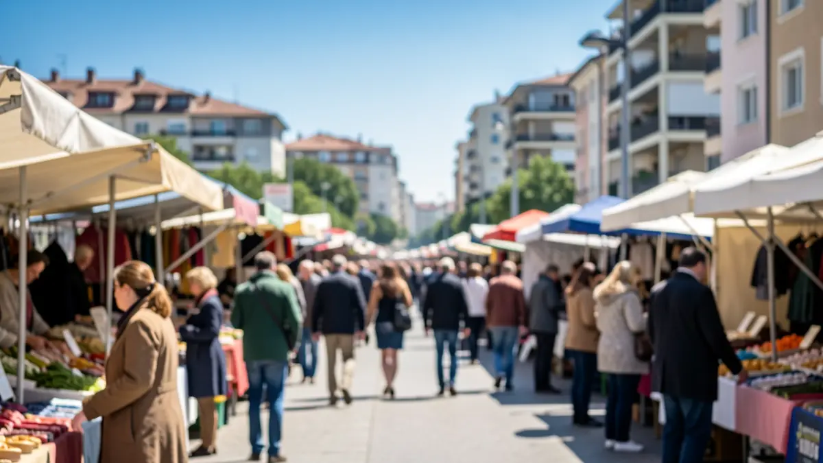 Imagen genérica de un mercadillo municipal al aire libre con puestos y toldos.