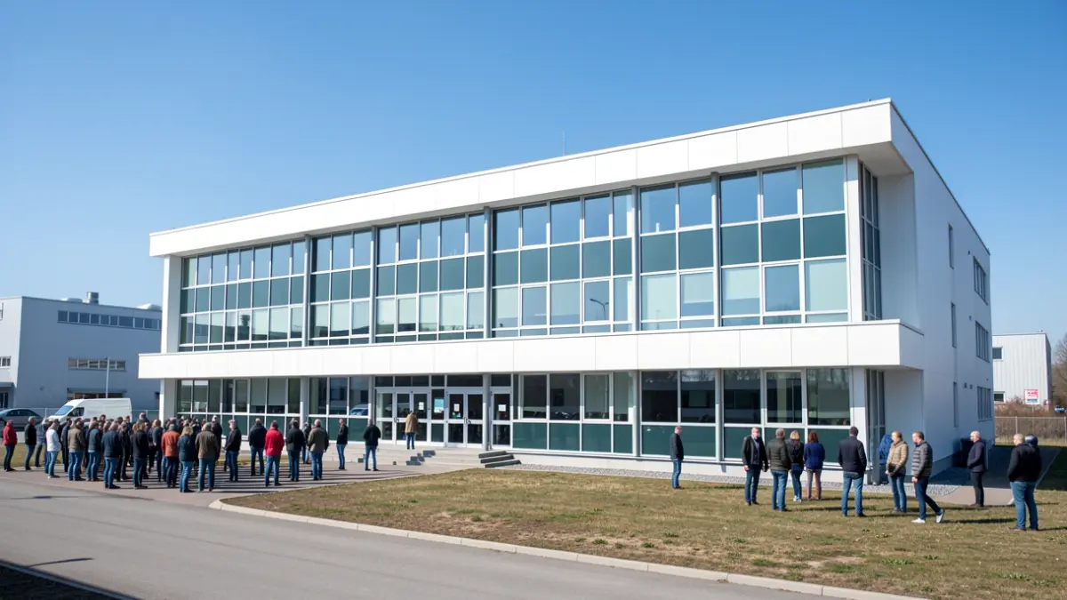 Generic image of the facade of a modern municipal building in an industrial park.