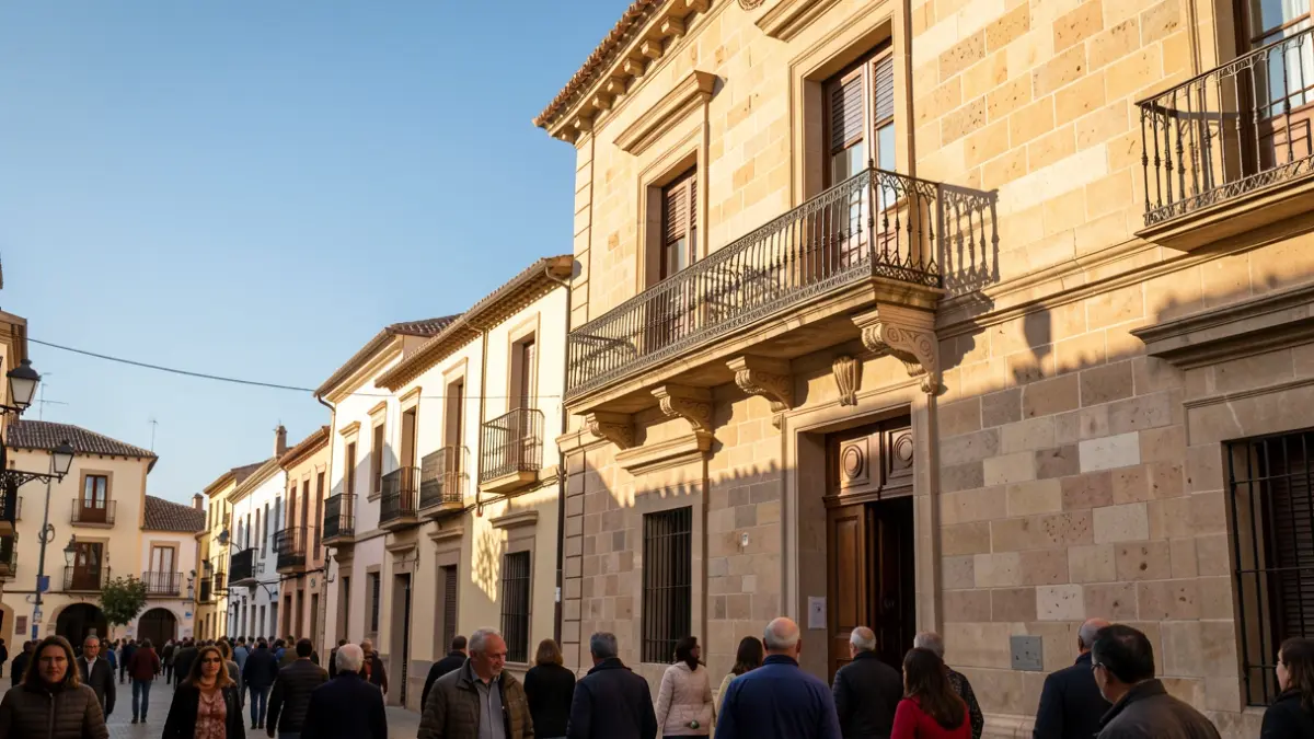 Imagen genérica de la fachada de un ayuntamiento andaluz con balcón ornamentado, bajo la luz del sol de la tarde.