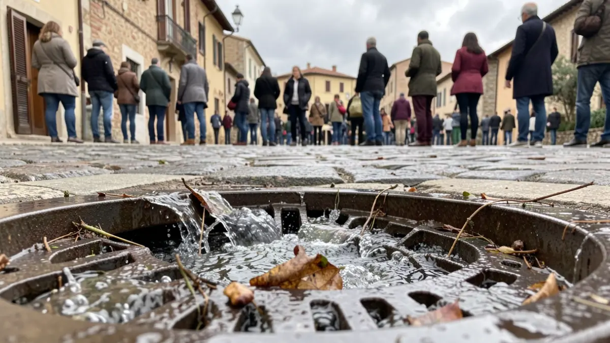 Imagen genérica de una rejilla de desagüe con agua y escombros, simbolizando medidas de prevención de inundaciones en un entorno urbano.