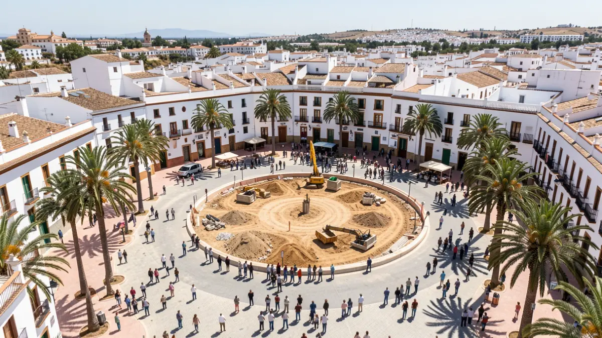 Vista aérea de una plaza en Alhaurín de la Torre con obras de reordenación de tráfico y construcción de un aparcamiento subterráneo.