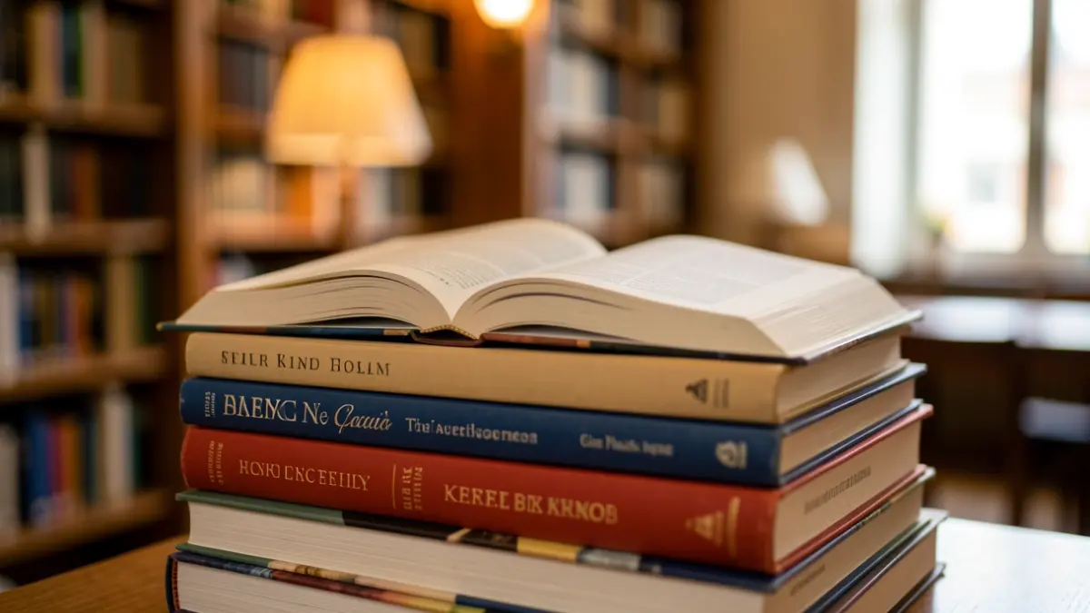 Primer plano de libros apilados con un libro abierto encima, en un entorno de biblioteca desenfocado.