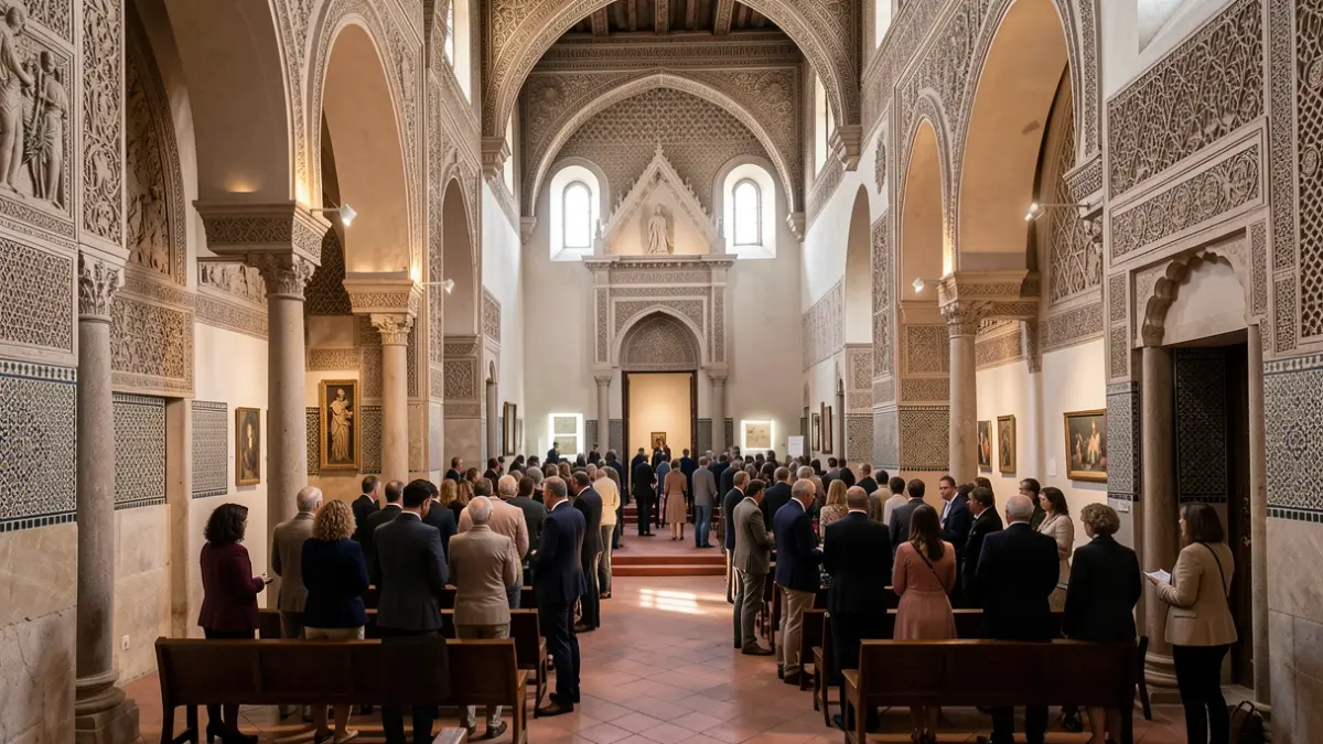 Imagen genérica del interior de una capilla histórica adaptada a un salón de actos, con elementos arquitectónicos andaluces y luz tenue.