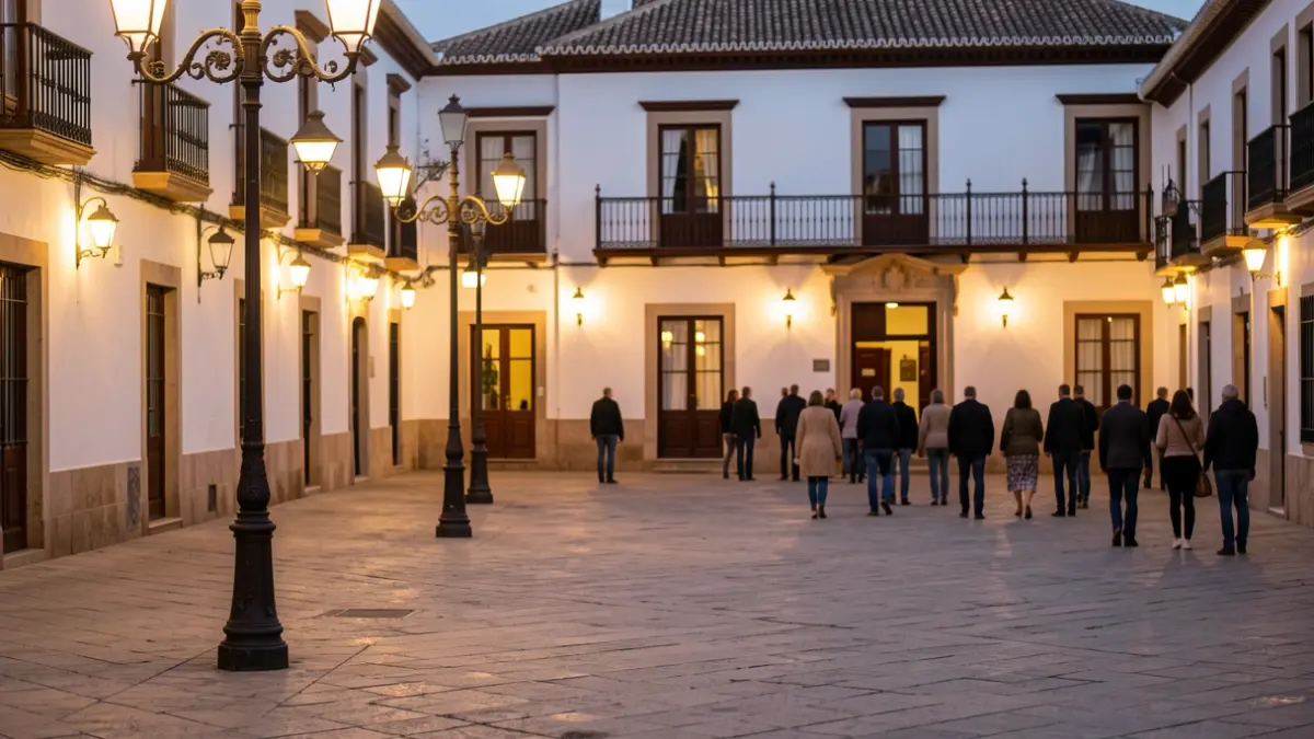 Imagen genérica de la fachada de un ayuntamiento andaluz con balcón y farolas encendidas al atardecer.
