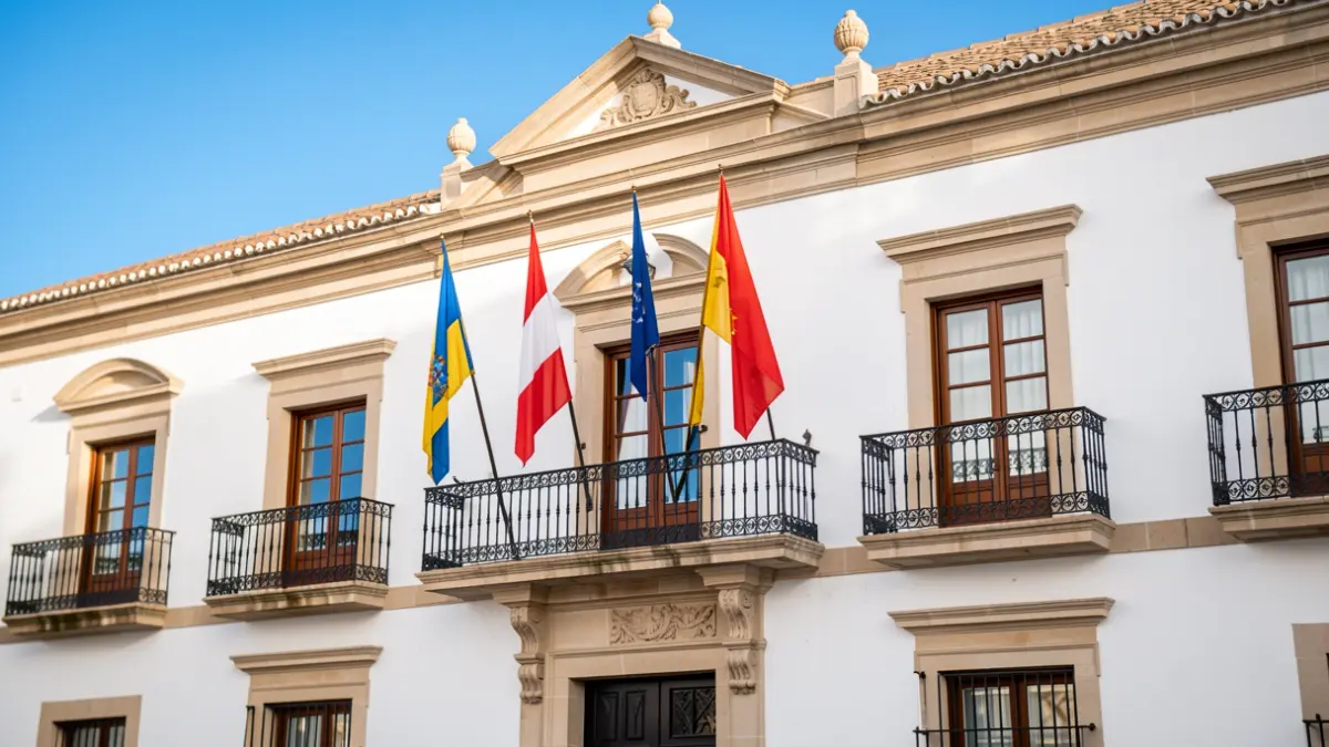 Imagen genérica de la fachada de un ayuntamiento andaluz con banderas a media asta.